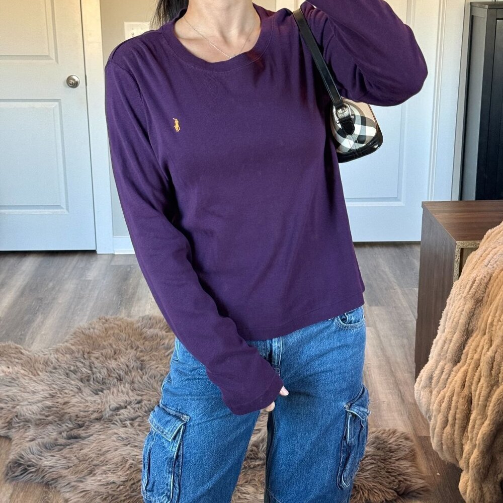 RALPH LAUREN SPORT Womens Purple Long Sleeve Shirt Preppy Minimalist Luxury